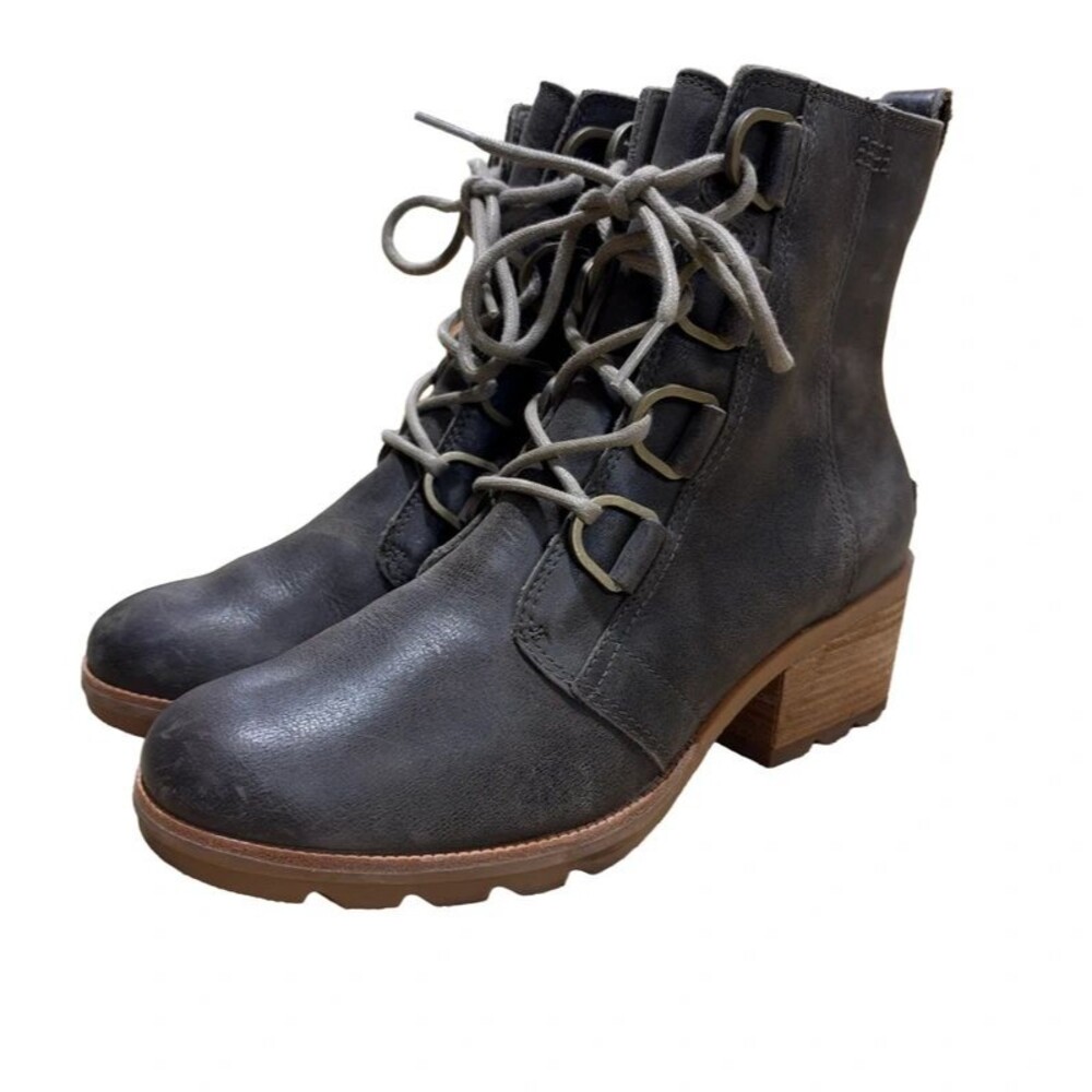 SOREL Cate Lace Waterproof Leather Boots Womens 9.5 Major Gray Heeled NL3715-245